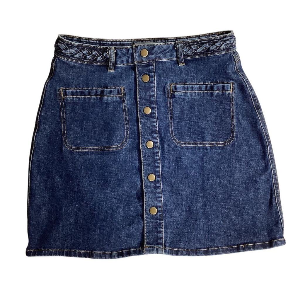 HARPER Women's Blue Denim Mini Skirt M Cable Trim Pockets Casual
